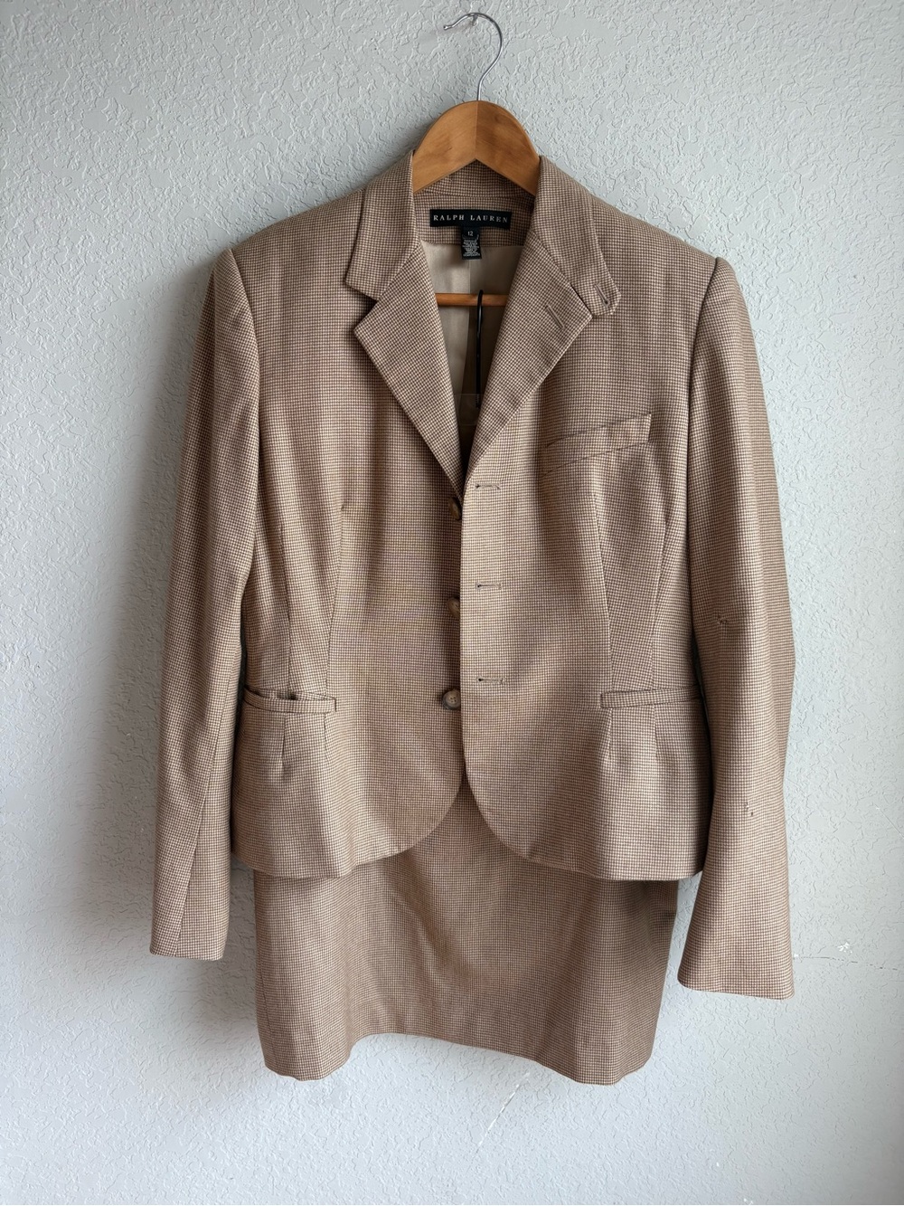 Ralph Lauren Vintage Wool Cashmere Skirt Suit Women US12 Camel Houndstooth silk